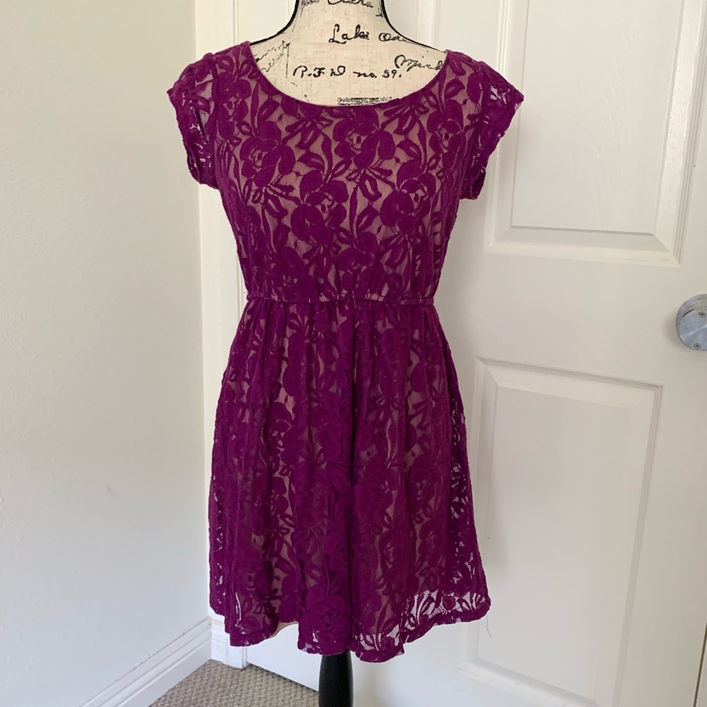 Boutique purple overlay lace ruffle dress